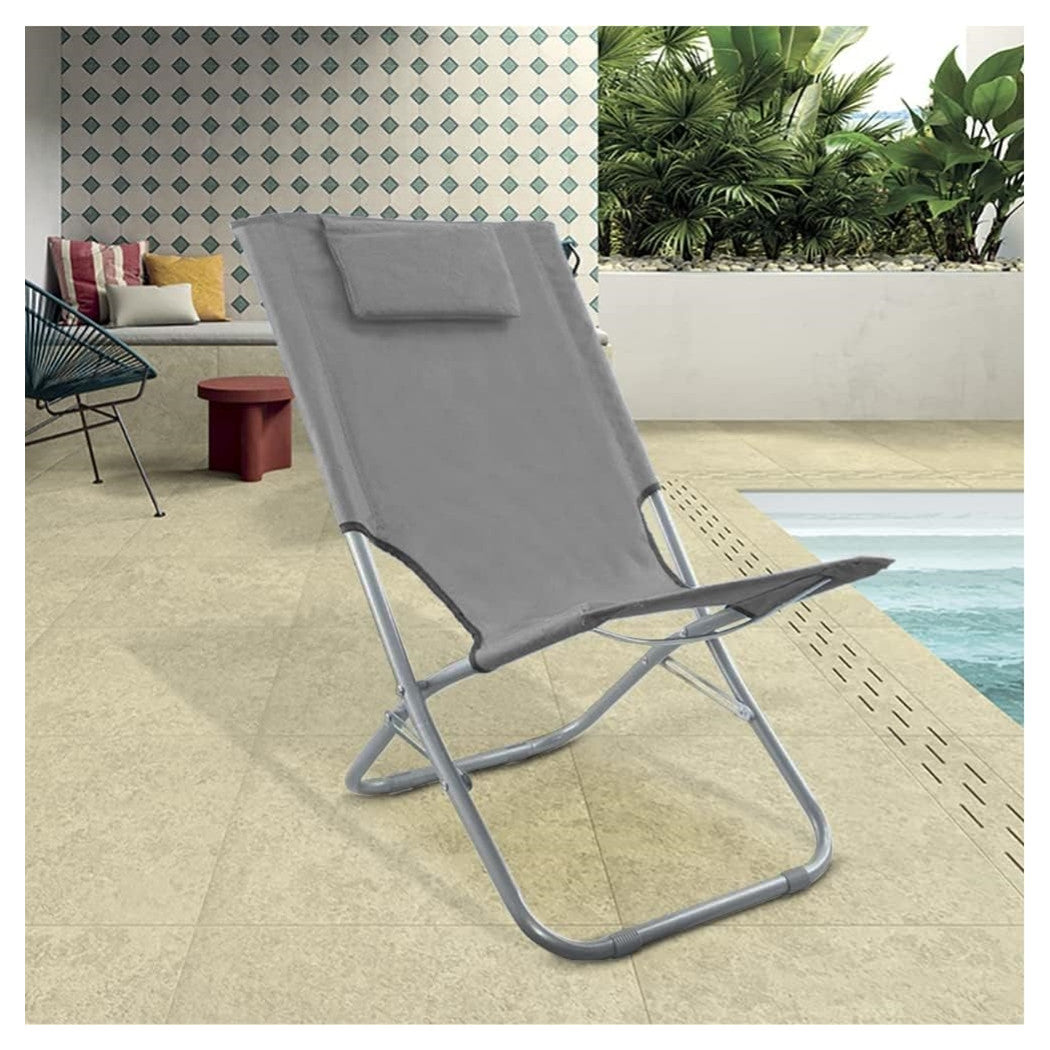 Trade Shop - Spiaggina Con Cuscino Per Testiera Grigio 57x47x95 Cm Pieghevole Portatile 281017 -        