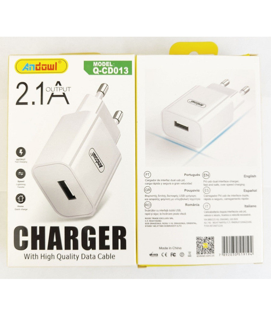 Spina Caricabatterie Usb Smartphone 2.1a Ricarica Veloce Per Presa Muro Q-cd013         