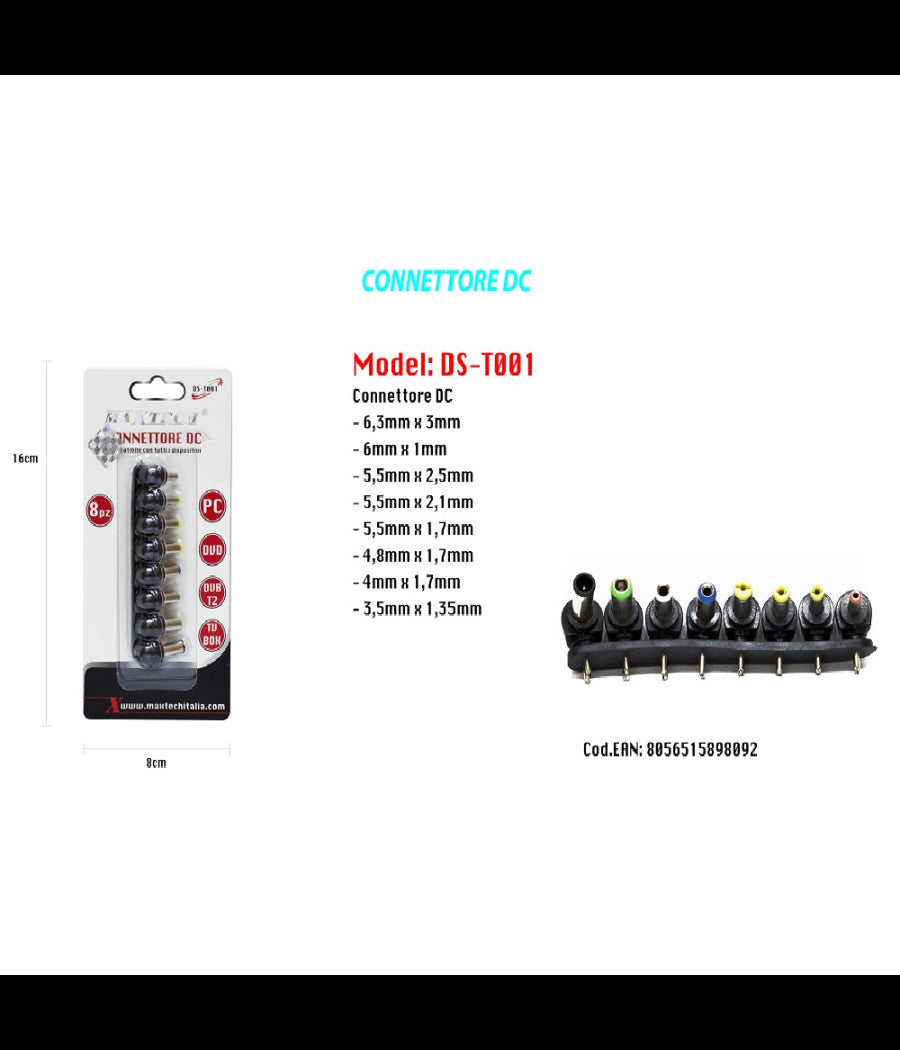 Spina Connettore Dc Alimentatore Notebook Laptop Universale 8 Pz Maxtech Ds-t001         