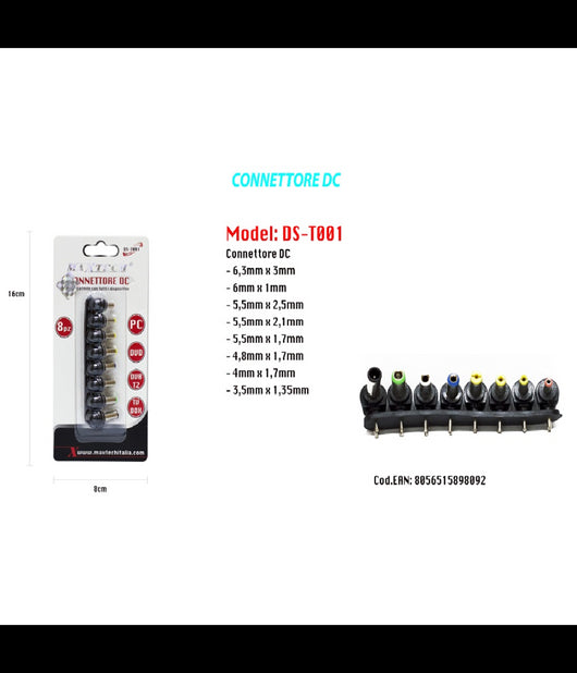Spina Connettore Dc Alimentatore Notebook Laptop Universale 8 Pz Maxtech Ds-t001         