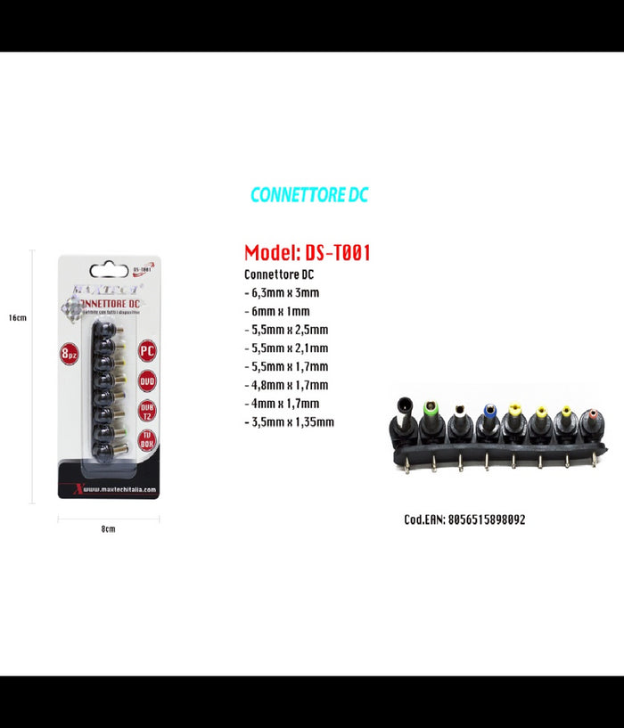 Spina Connettore Dc Alimentatore Notebook Laptop Universale 8 Pz Maxtech Ds-t001         