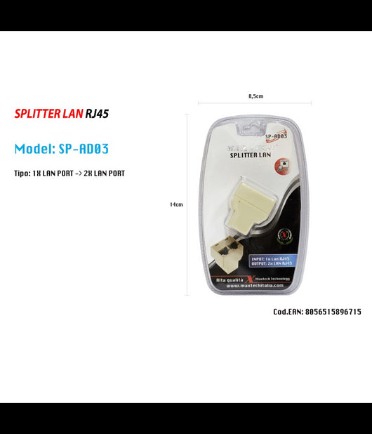 Splitter Lan Rete Sdoppiatore Rj45 1 A 2 Porte Connettore Ethernet Maxtech Sp-ad03         