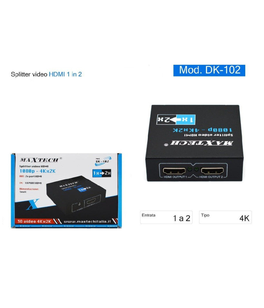 Splitter Sdoppiatore 2 Porte Usb Hdmi Full Hd 1080p Tv Ps3 Xbox 3d 4k Maxtech Dk-102         
