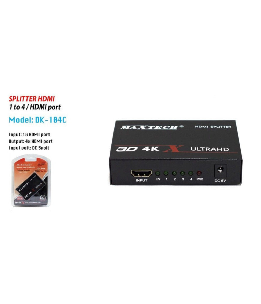 Splitter Sdoppiatore 4 Porte Hdmi Full Hd 1080p Per Tv Ps3 Xbox 3d 4k Maxtech Dk-104c         
