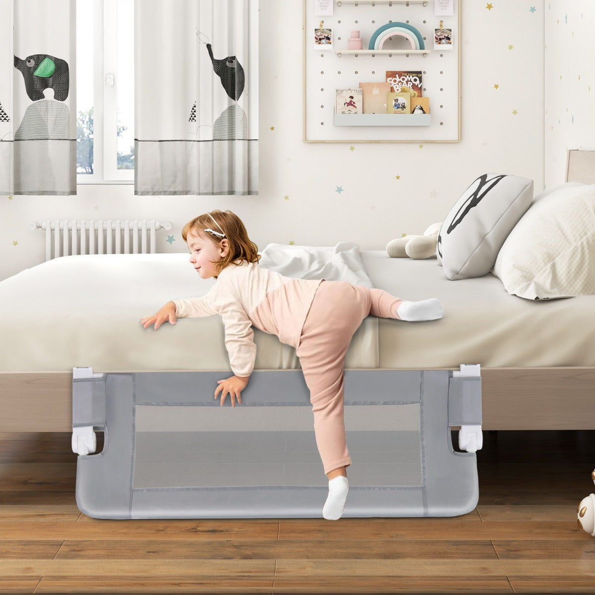 Sponda da letto pieghevole con copertura rimovibile e cinghia aggiuntiva a forma di Y-Barriera di sicurezza per bambini Grigio