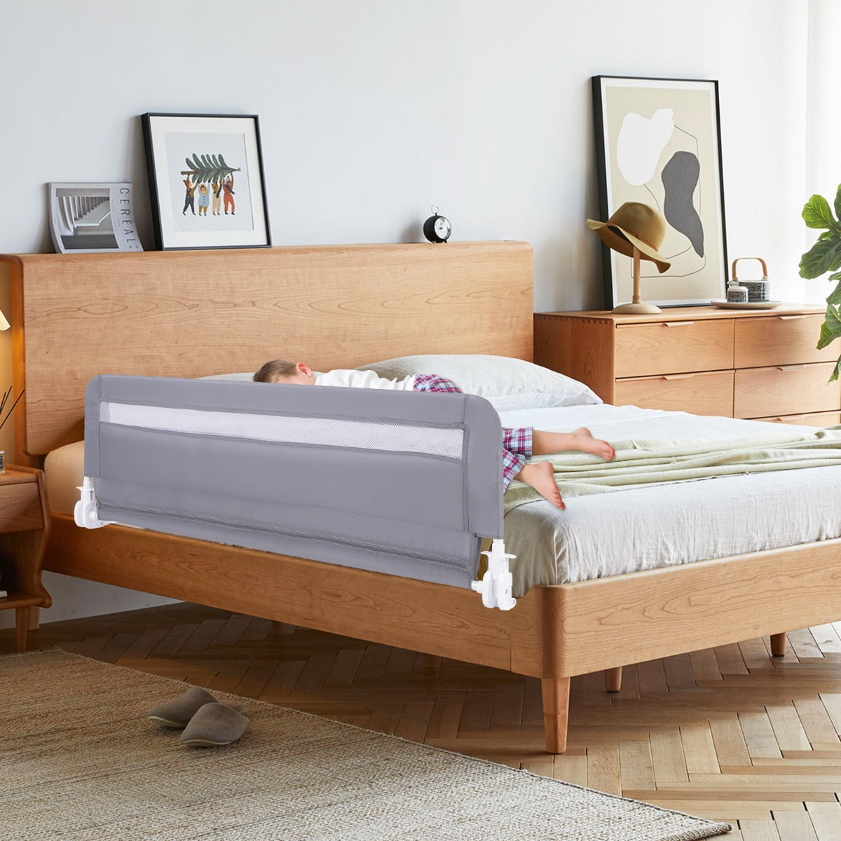 Sponda da letto pieghevole con copertura removibile e lavabile e cintura di sicurezza, Sponda da letto a ribalta per bambini Grigio-Barriere letto