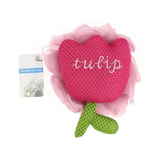 Trade Shop - Spugna Doccia A Rete Bagno Esfoliante Pelle Corpo Con Fiore Di Tulipano Rosa 10771         