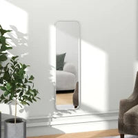 Specchio Verticale da Parete o da Terra con Bordi Arrotondati, in MDF e Vetro, 120x35 cm, Bianco
