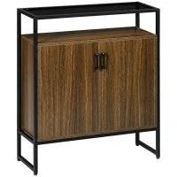 Armadietto Due Ante in MDF con Piano d'Appoggio in Vetro Temperato, 82x30x98 cm, Marrone e Nero