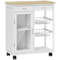 Carrello da Cucina in Bambù con 2 Cassetti, Armadietto, Ripiano e 2 Cestini in Acciaio, 67x35x80 cm, Bianco