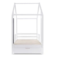 Letto per Cameretta, 6+ Anni con Lavagna e Recinzione, 2 Cassetti, Struttura in Pino 90x200 cm, Bianco