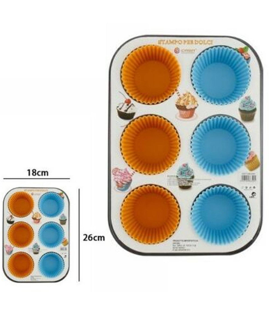 Stampo Teglia Vassoio Antiaderente Per 6 Muffin Dolci Con Pirottini In Silicone         