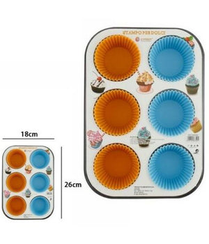 Stampo Teglia Vassoio Antiaderente Per 6 Muffin Dolci Con Pirottini In Silicone         