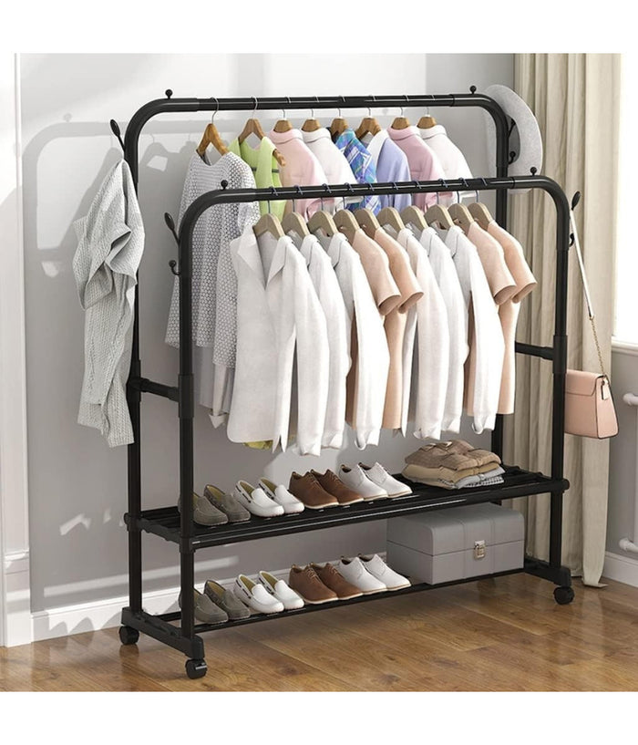 Stand Appendiabiti Attaccapanni Abiti Stender Barra Doppio Con Ruote Freno Nero         