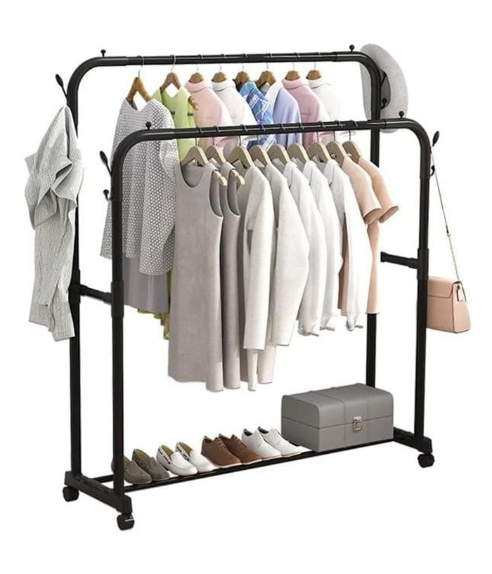 Stand Appendiabiti Attaccapanni Abiti Stender Barra Doppio Con Ruote Freno Nero         
