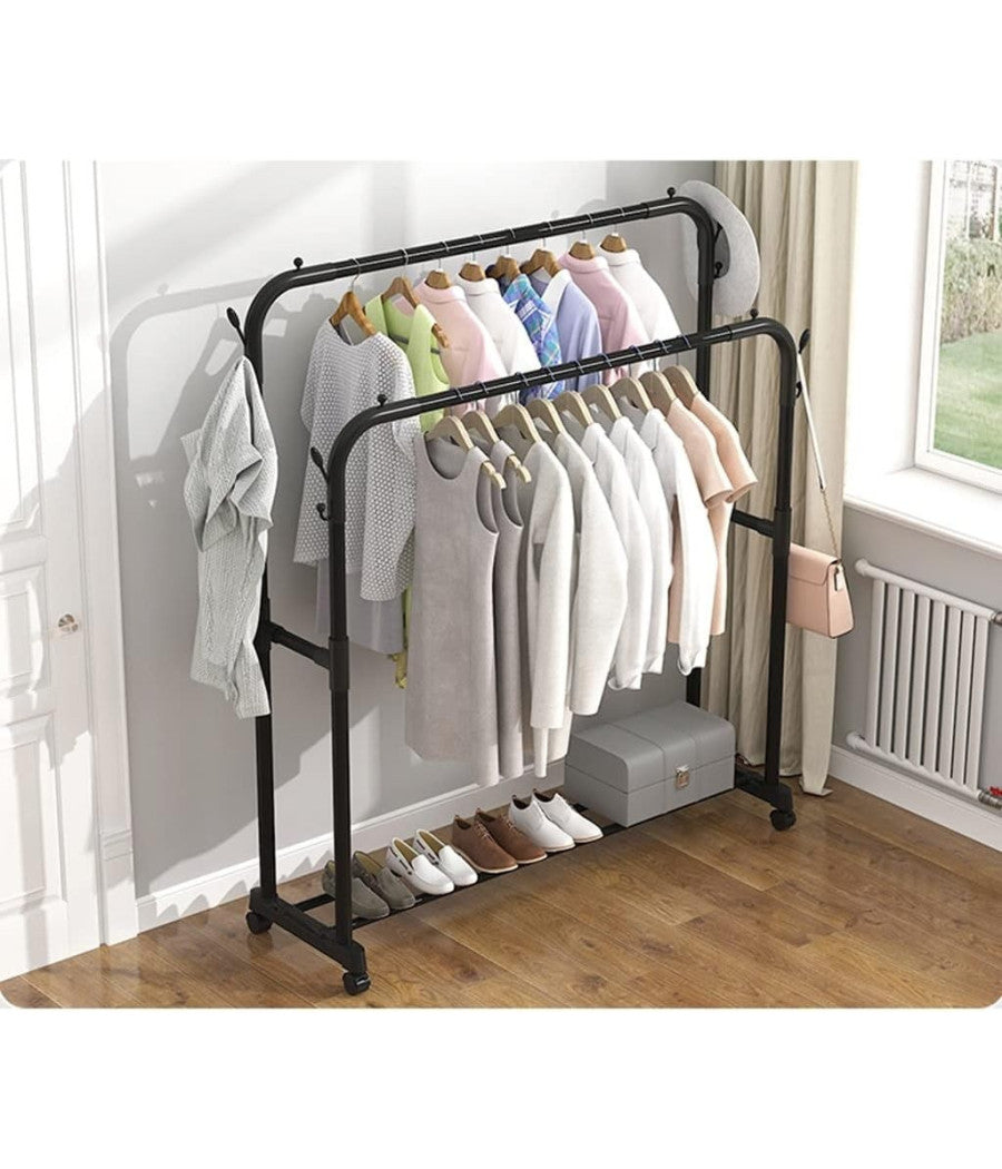 Stand Appendiabiti Attaccapanni Abiti Stender Barra Doppio Con Ruote Freno Nero         