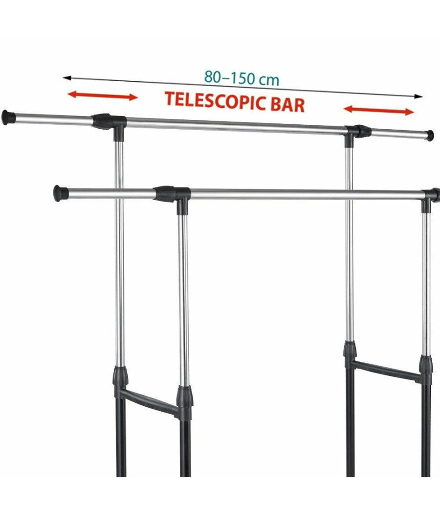 Stand Appendiabiti Da Terra Doppio Con Ruote Aste Telescopiche Regolabile Abiti         