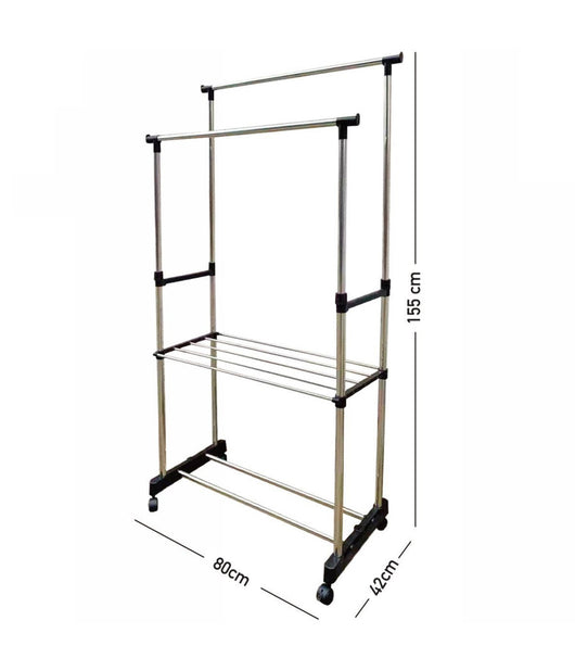 Stand Appendiabiti Doppio Con Ripiano Base Ruote Aste Telescopiche Regolabile         