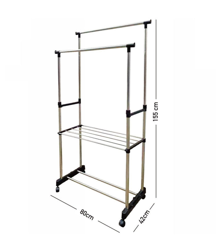 Stand Appendiabiti Doppio Con Ripiano Base Ruote Aste Telescopiche Regolabile         