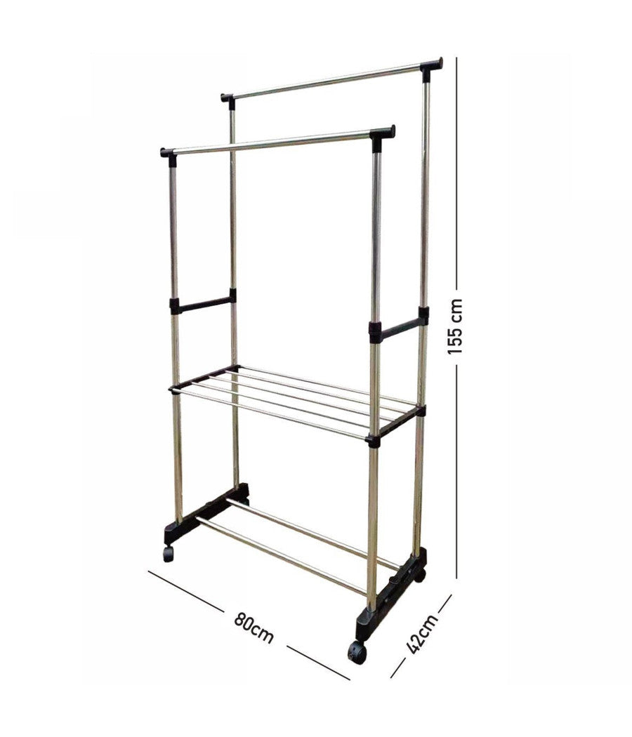 Stand Appendiabiti Doppio Con Ripiano Base Ruote Aste Telescopiche Regolabile         