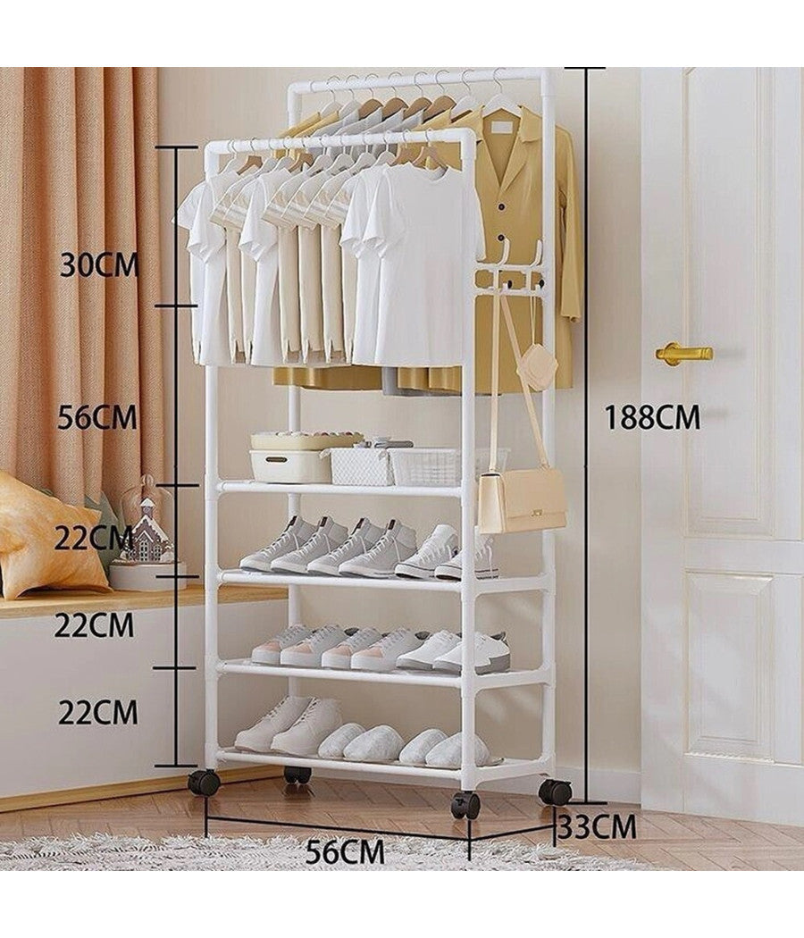 Stand Appendiabiti Doppio Con Ruote Da Terra Per Abiti Scarpe Salvaspazio Bianco         