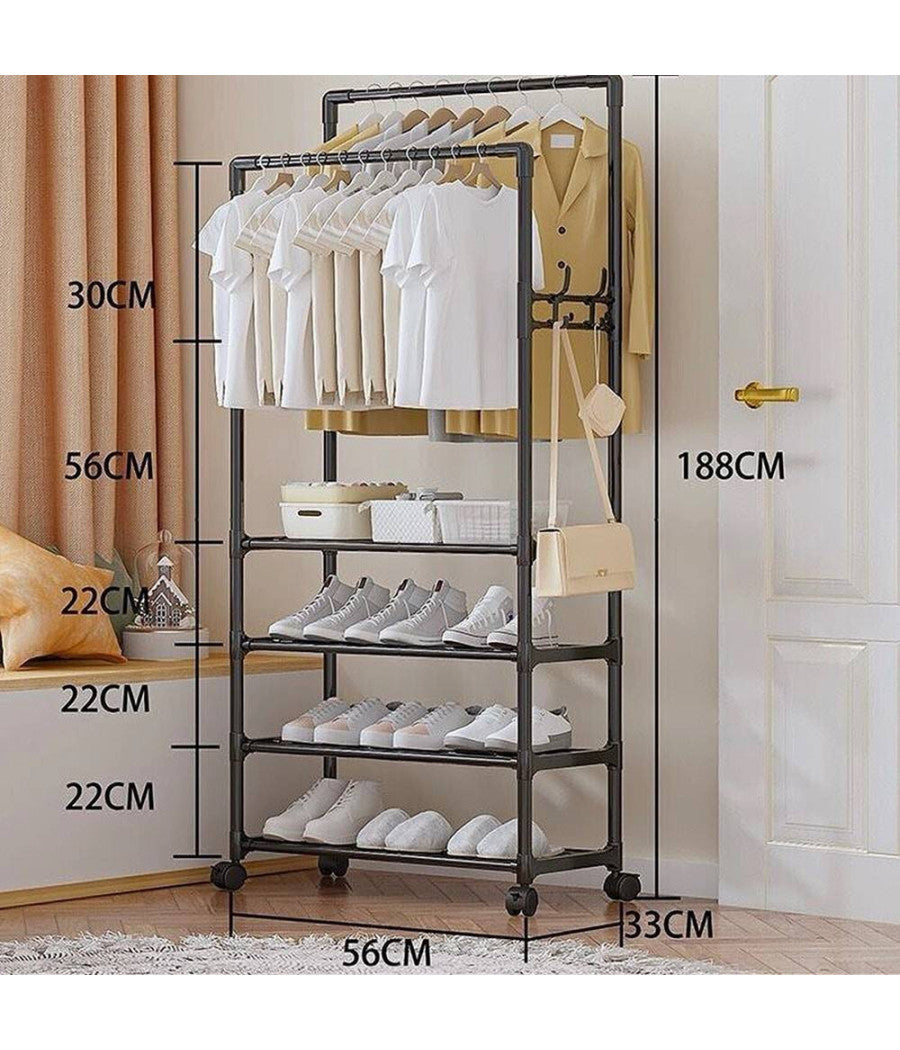 Stand Appendiabiti Doppio Con Ruote Da Terra Per Abiti Scarpe Salvaspazio Nero         