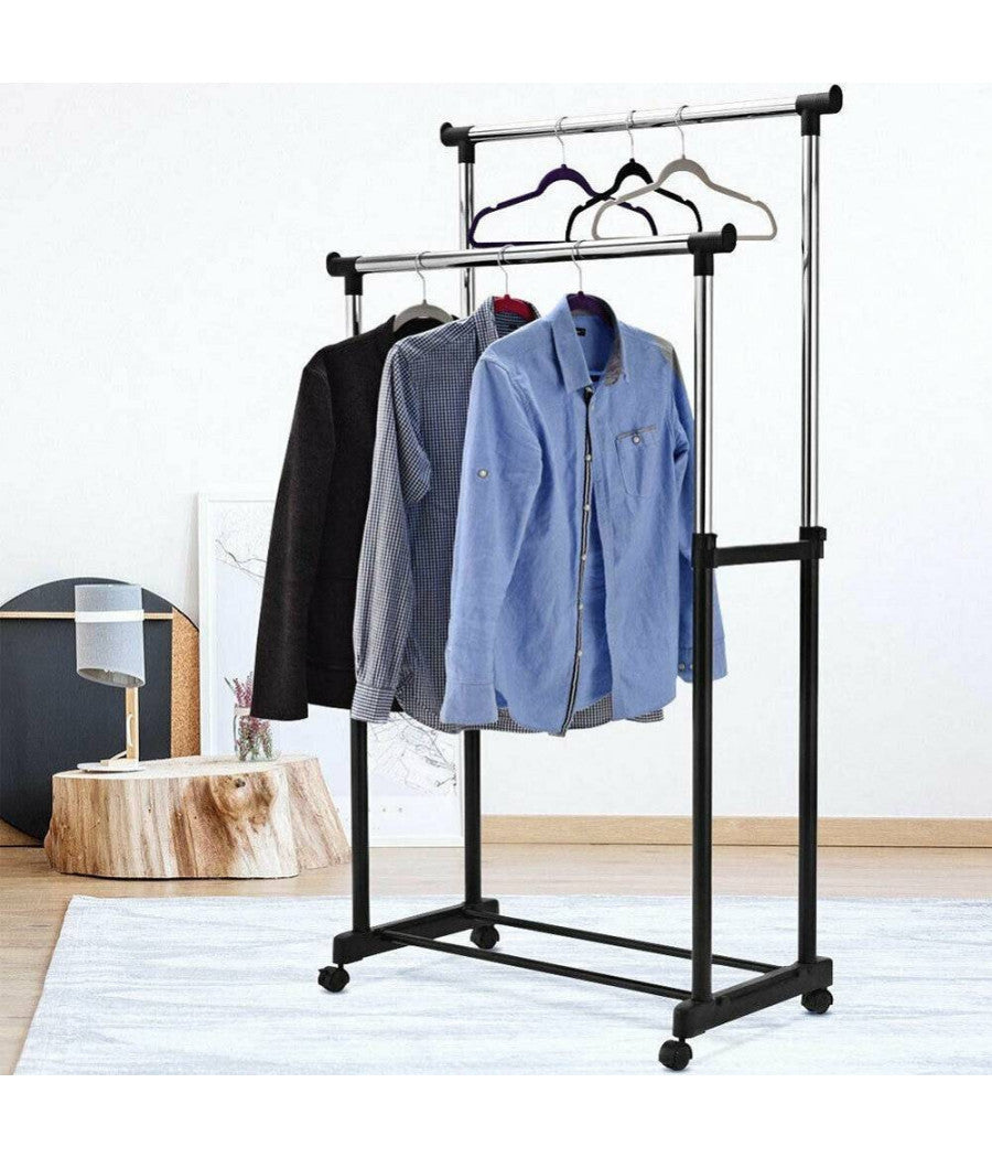 Stand Appendiabiti Doppio Con Ruote Stender Regolabile In Altezza 80x40x160 Cm         