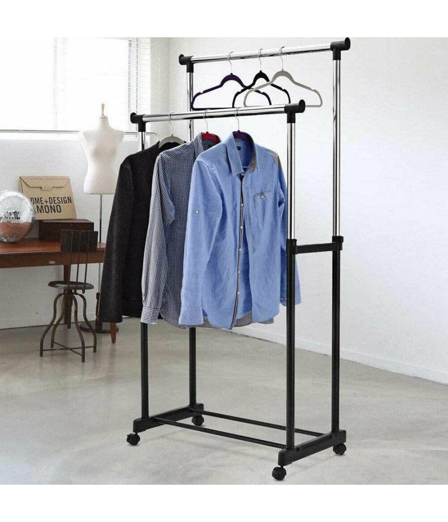 Stand Appendiabiti Doppio Con Ruote Stender Regolabile In Altezza 80x40x160 Cm         