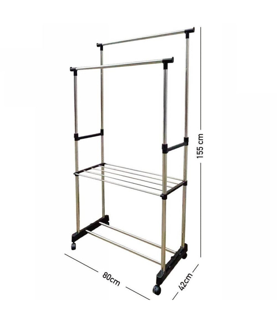 Stand Appendiabiti Doppio In Acciaio Con Ruote Aste Telescopiche Regolabile         