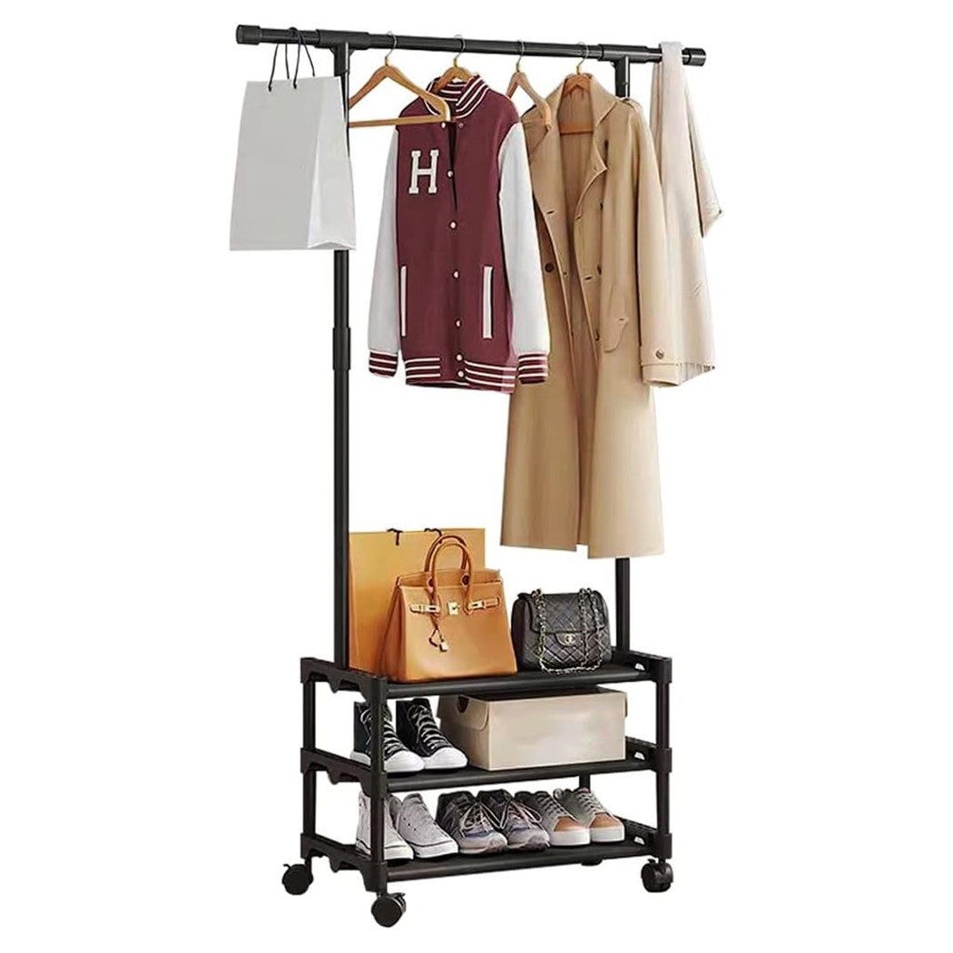 Trade Shop - Stand Appendiabiti In Metallo Con Ruote Attaccapanni Con Ripiani Asta 56x35x165cm  Nero       