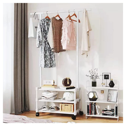 Trade Shop - Stand Appendiabiti In Metallo Con Ruote Attaccapanni Con Ripiani Asta 56x35x165cm  Bianco       