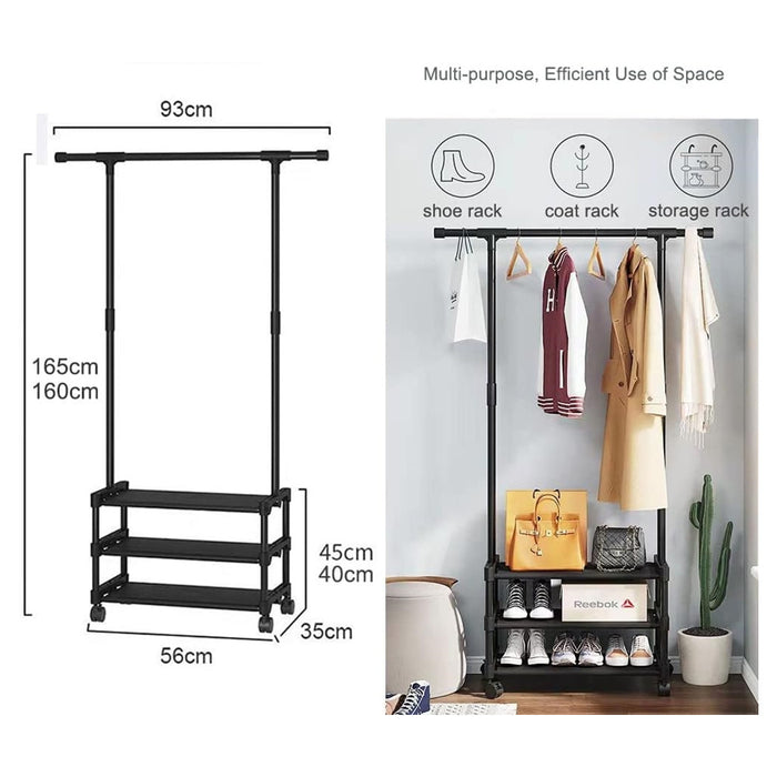 Trade Shop - Stand Appendiabiti In Metallo Con Ruote Attaccapanni Con Ripiani Asta 56x35x165cm  Nero       