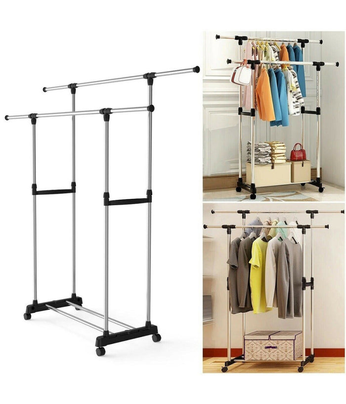 Stand Appendiabiti Regolabile Telescopico Con Ruote Organizer Abiti Doppio         