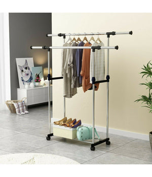 Stand Appendiabiti Regolabile Telescopico Con Ruote Organizer Abiti Doppio         