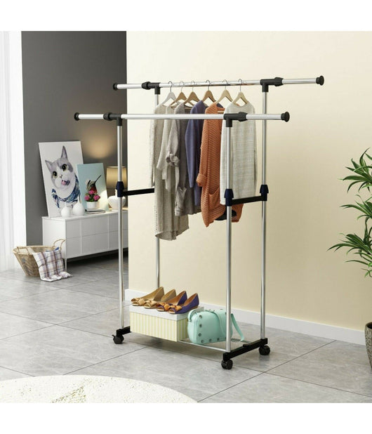 Stand Appendiabiti Regolabile Telescopico Con Ruote Organizer Abiti Doppio         