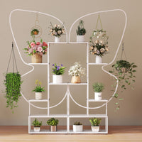 Scaffale per vasi a forma di farfalla con 12 ripiani in rete metallica e 4 ganci-Stand per piante in metallo a 6 livelli Bianco