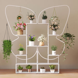 Scaffale per vasi a forma di farfalla con 12 ripiani in rete metallica e 4 ganci-Stand per piante in metallo a 6 livelli Bianco