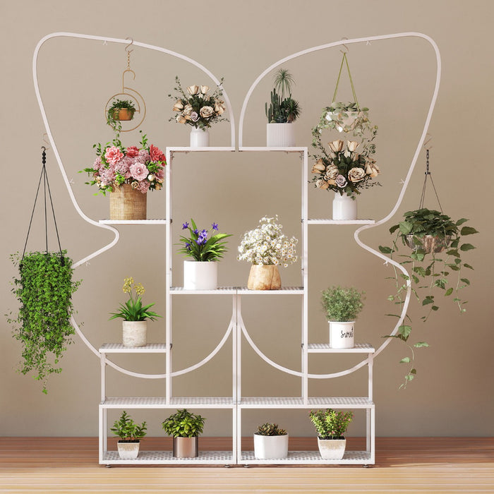 Scaffale per vasi a forma di farfalla con 12 ripiani in rete metallica e 4 ganci-Stand per piante in metallo a 6 livelli Bianco