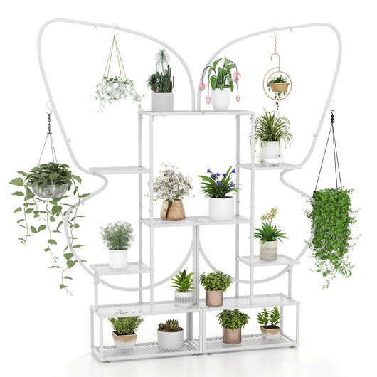 Scaffale per vasi a forma di farfalla con 12 ripiani in rete metallica e 4 ganci-Stand per piante in metallo a 6 livelli Bianco