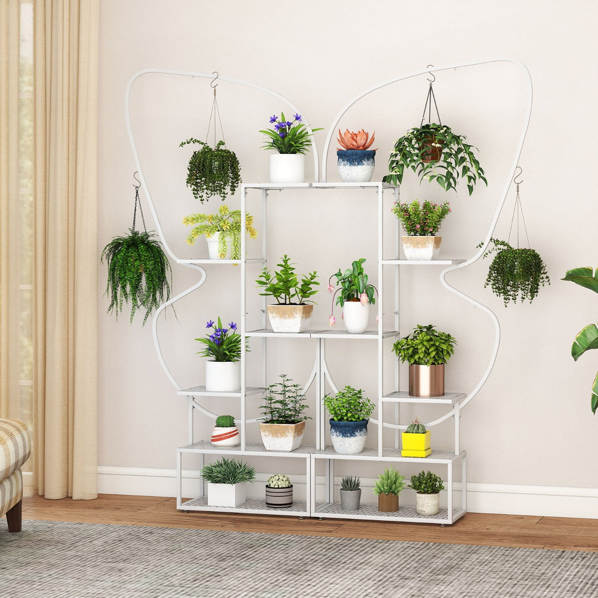Scaffale per vasi a forma di farfalla con 12 ripiani in rete metallica e 4 ganci-Stand per piante in metallo a 6 livelli Bianco