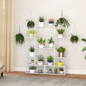 Scaffale per vasi a forma di farfalla con 12 ripiani in rete metallica e 4 ganci-Stand per piante in metallo a 6 livelli Bianco