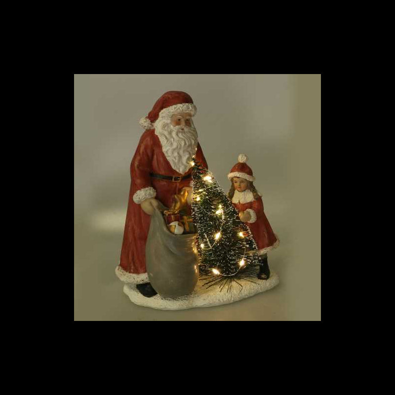 Statua resina babbo natale con bambina rosso con led cm 15x11h18,5
