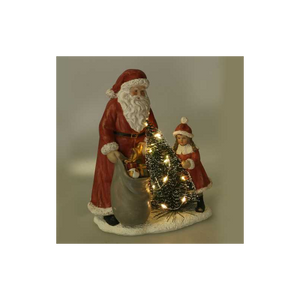 Statua resina babbo natale con bambina rosso con led cm 15x11h18,5