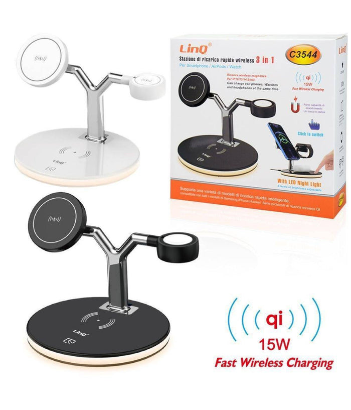 Stazione Di Ricarica Wireless Veloce 3in1 15w Smartphone Iphone Apple Watch C3544         