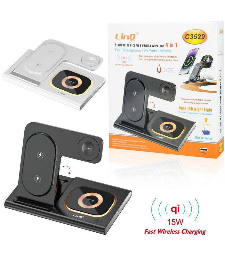Stazione Di Ricarica Wireless Veloce 4in1 15w Per Smartphone Iphone Watch C3529         