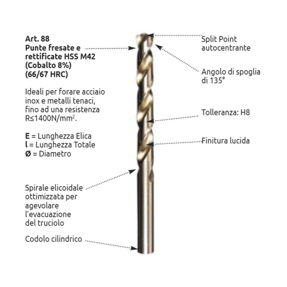Stella bianca 6,50mm punta elicoidale hss cobalto 8% din 338