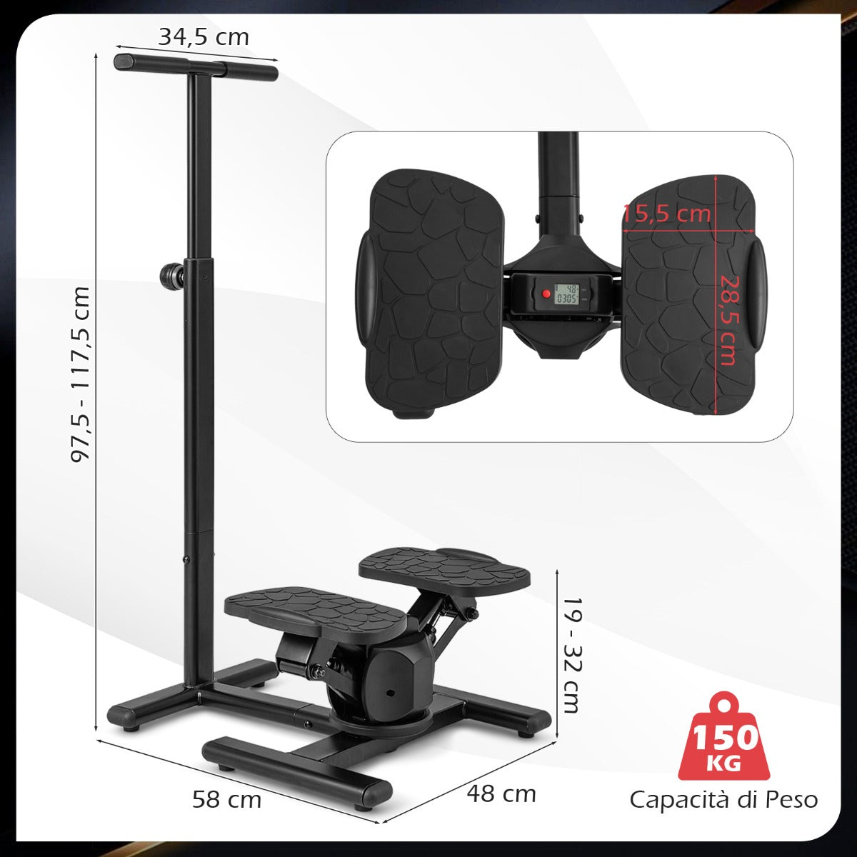 Stepper per esercizi attrezzatura per allenamento con manubrio regolabile in altezza e pedali antiscivolo-Stepper per esercizi display LCD Nero