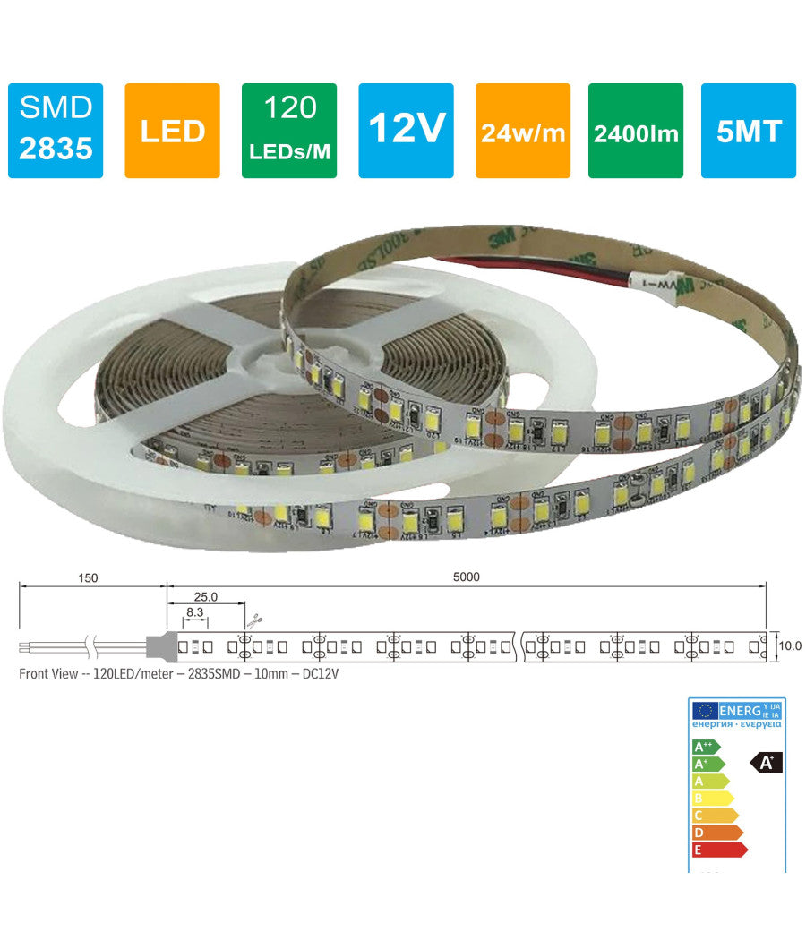 Strip Led Striscia 600 Leds/m 12v 24w/m Lunghezza 5 Mt 2400 Lumen Senza Guaina         
