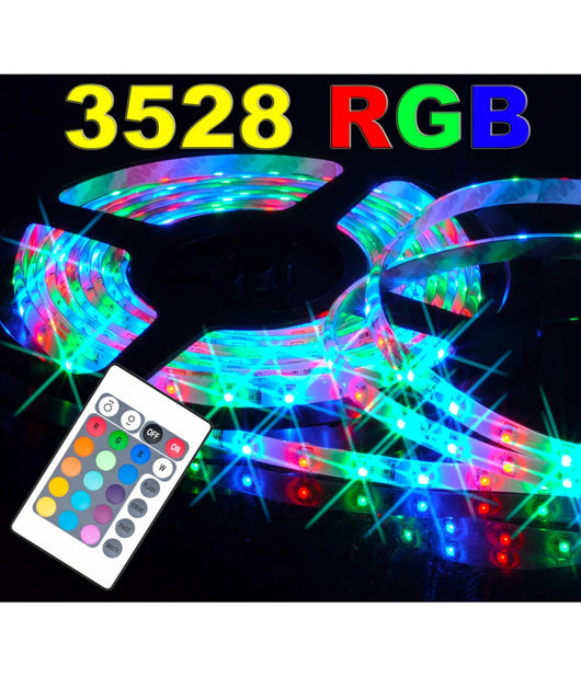 Striscia A Led Smd 3528 Rgb Ip65 5 Metri Bobina Con Alimentatore E Telecomando         