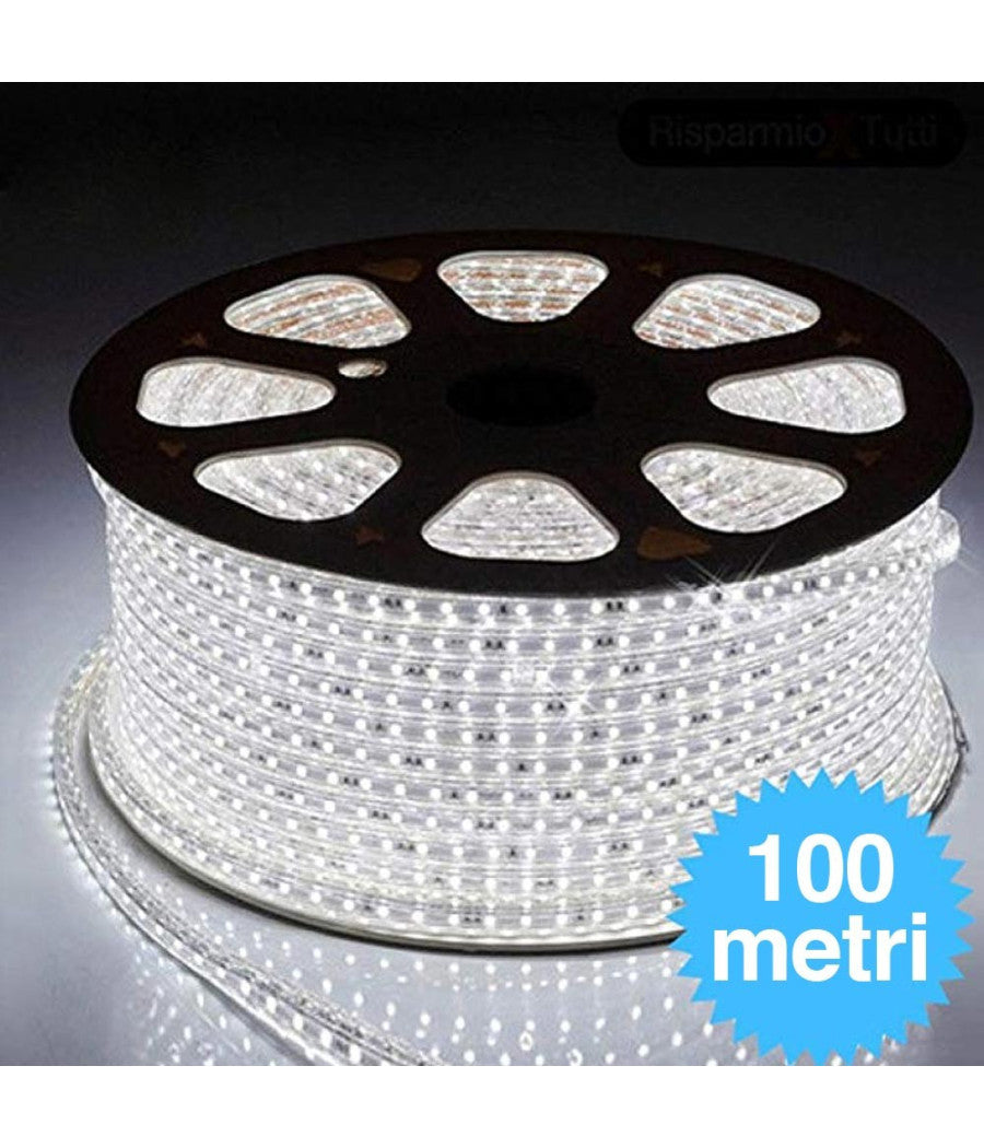 Striscia Led 5050 Flessibile Bobina 100mt Luce Bianco Freddo Esterno 220v         